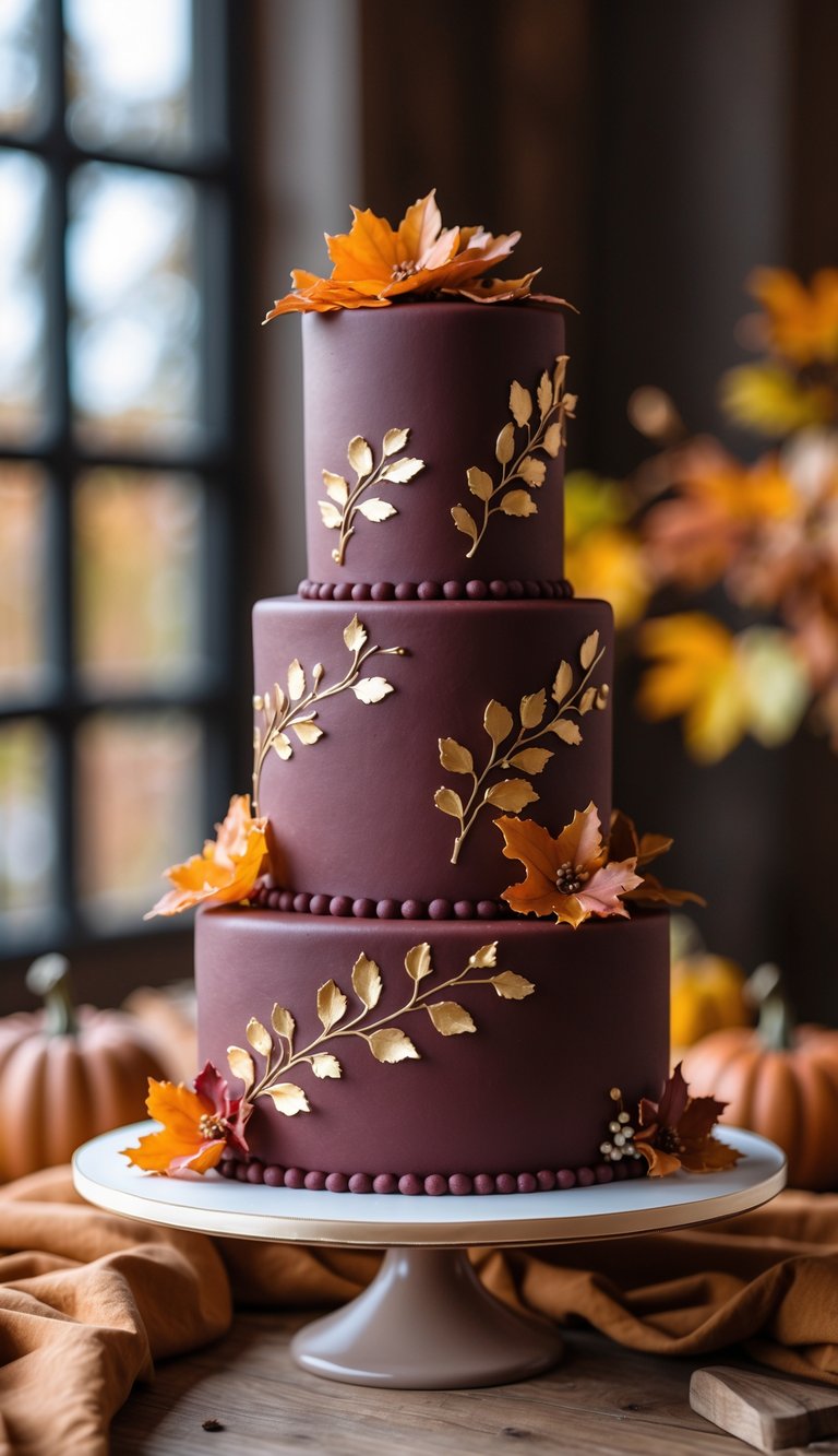 A three-tiered burgundy wedding cake with gold leaf accents on a wooden table with a blurred fall-colored background.